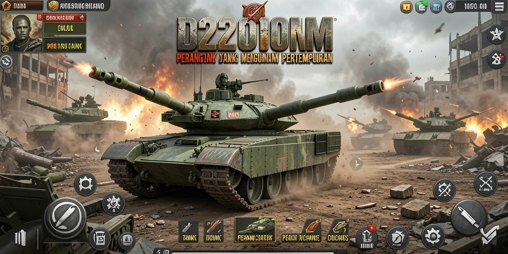 Antarmuka menarik D200M dengan tampilan tank dan medan perang.