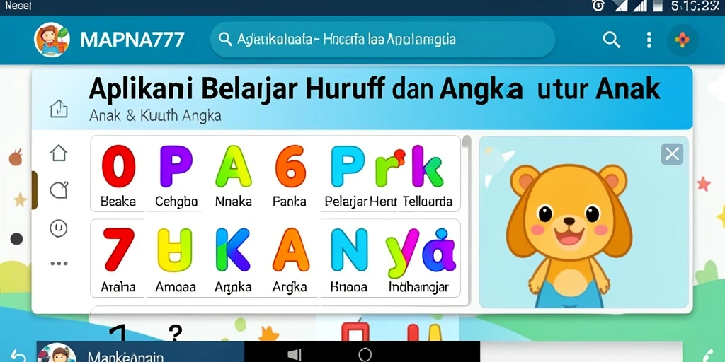 Tampilan aplikasi MAPNA777 dengan fungsi belajar huruf dan angka.